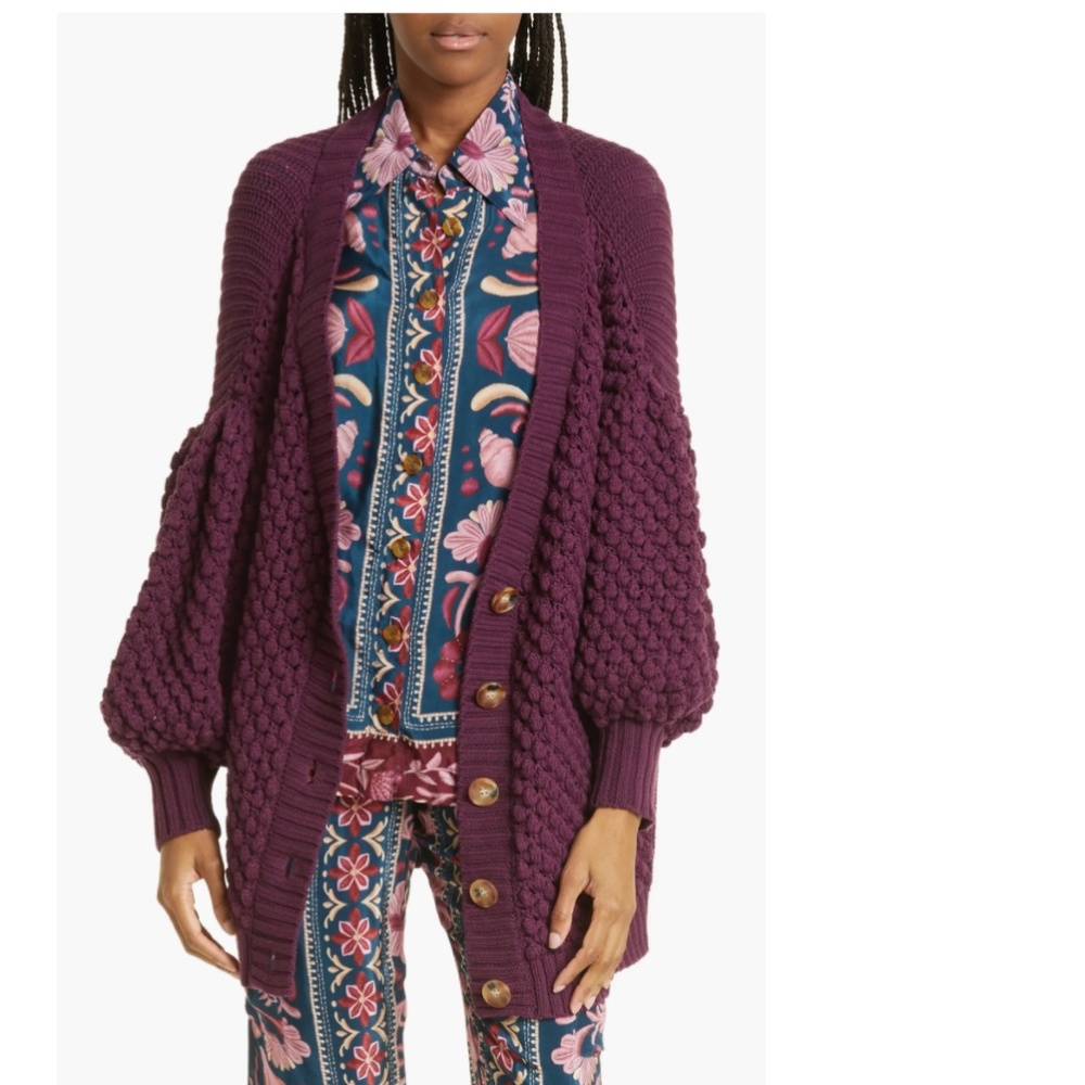 NWT $295 FARM Rio Dots Popcorn Knit Cotton Cardigan in Purple, size Large!